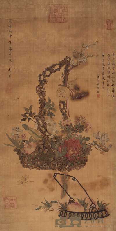 慈禧太后 戊申（1908）年作 御笔花卉 镜片 104.5×52.7cm